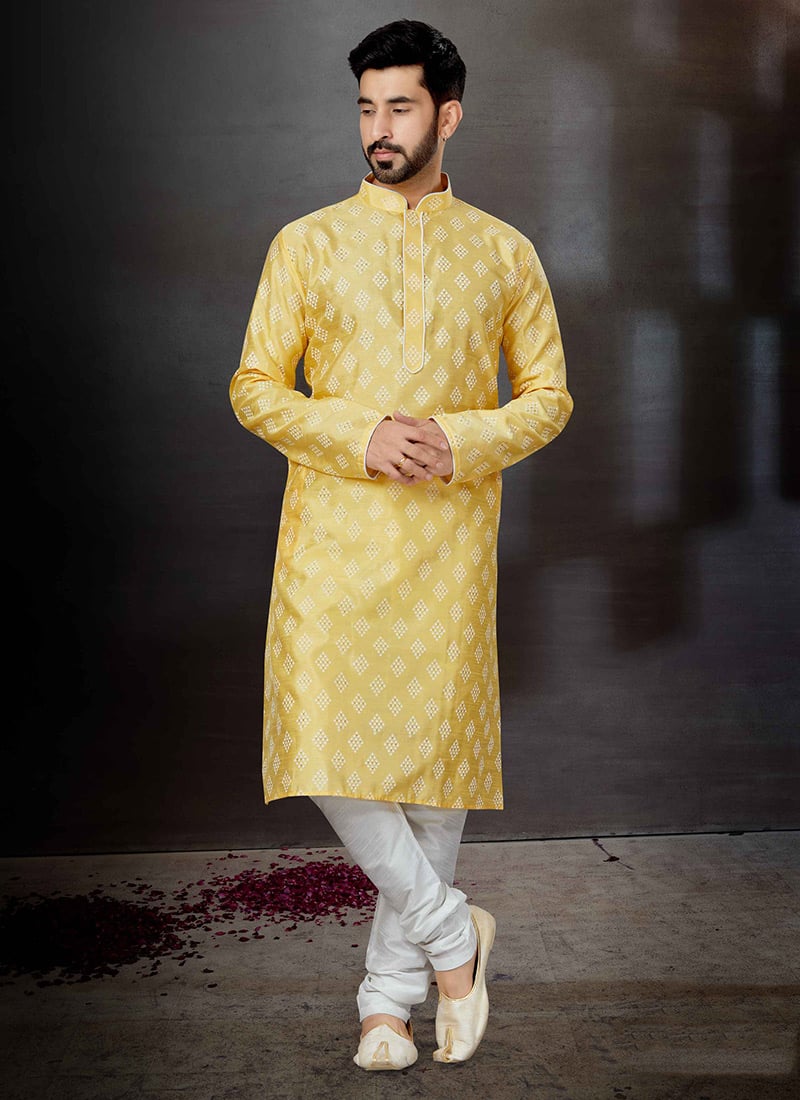 Yellow Silk Dupion Printed Kurta Pyjama Party Wear