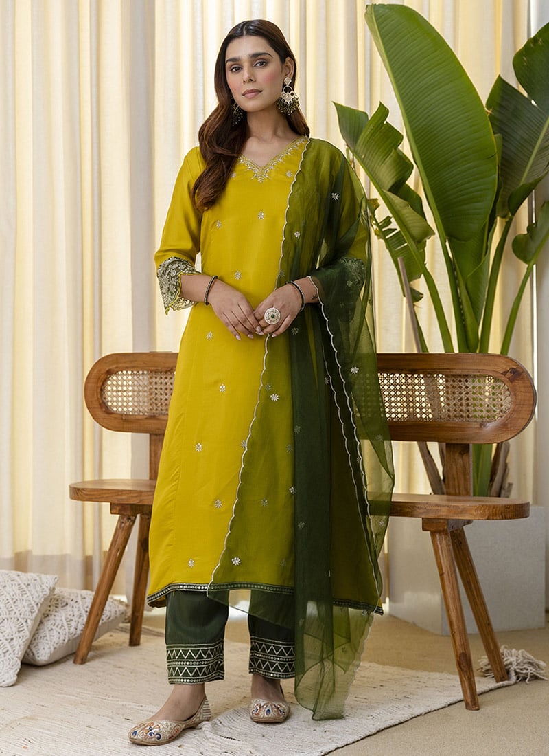 Yellow Silk Embroidered A Line Straight Pant Suit Festive Wear
