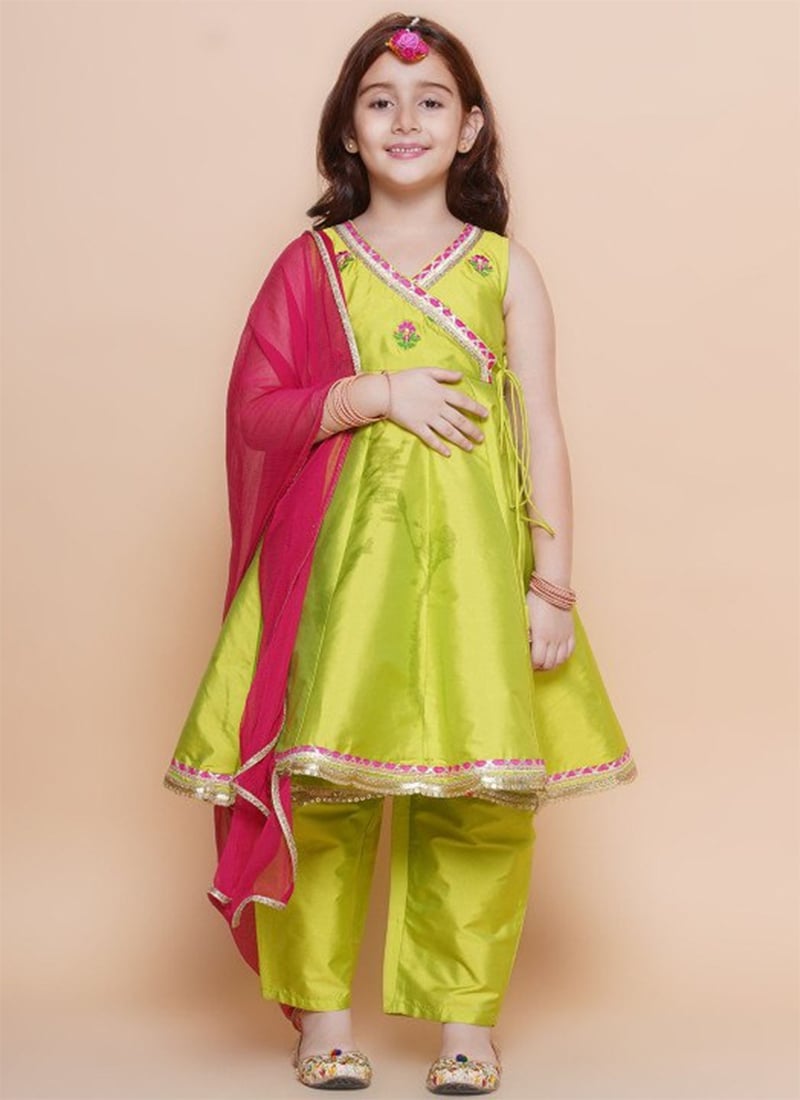 Yellow Silk Embroidered Angarkha Style Kids Girls Straight Pant Suit Festive Wear