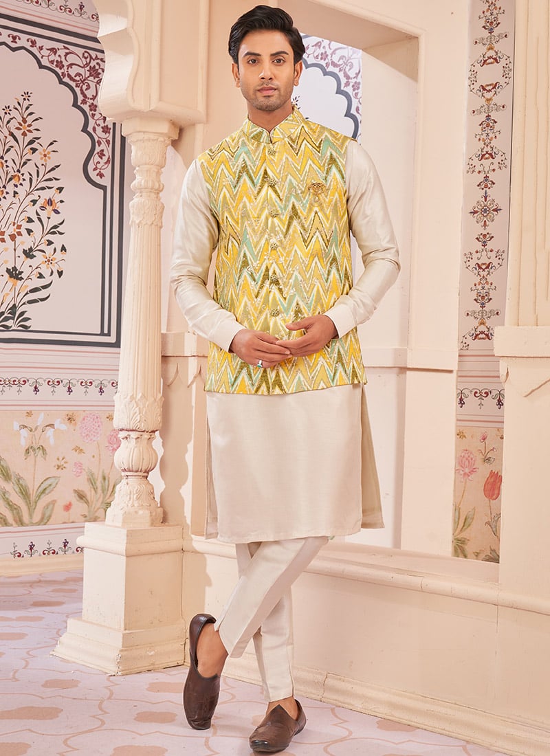 Yellow Silk Embroidered Bandi Set Festive Wear