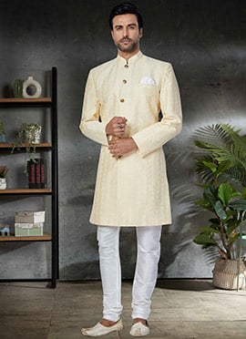 Yellow Silk Embroidered Classic Sherwani