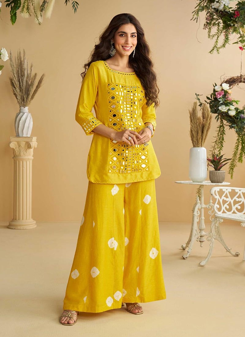 Yellow Silk Embroidered Foil Mirror Kurta Palazzo Set Festive Wear