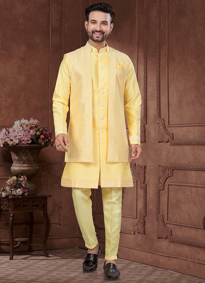 Yellow Silk Embroidered Indowestern Jacket Sherwani Festive Wear