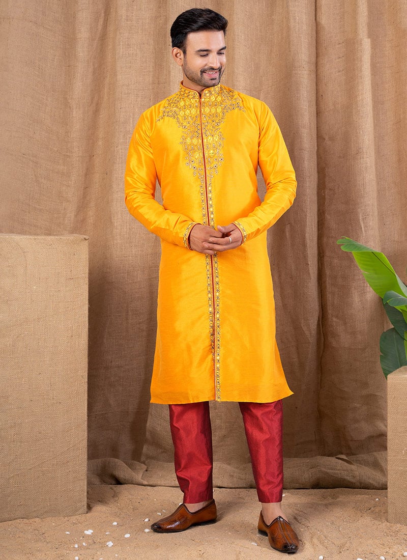 Yellow Silk Embroidered Indowestern Sherwani Festive Wear