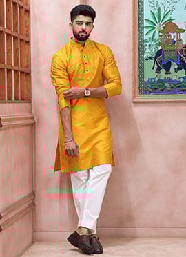 Yellow Silk Embroidered Kurta Pyjama For Men