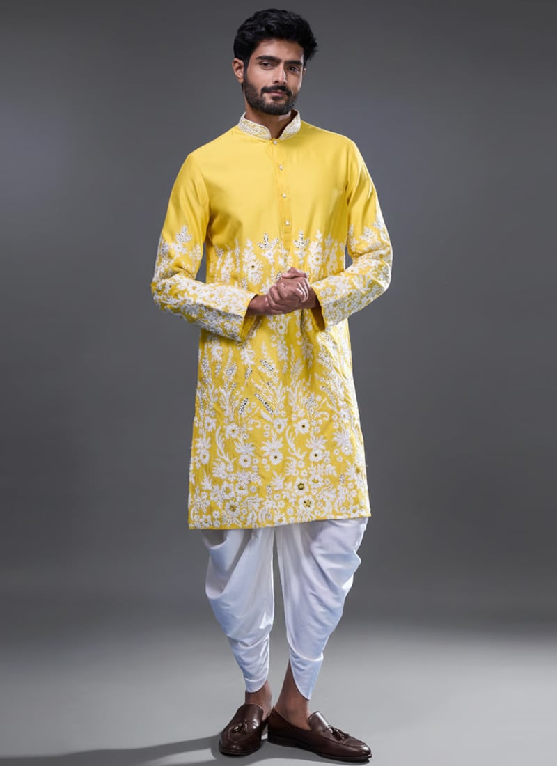 Yellow Silk Embroidered Kurta Pyjama Festive Wear