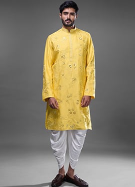 Yellow Silk Embroidered Kurta Pyjama