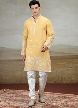 Yellow Silk Embroidered Kurta Pyjama
