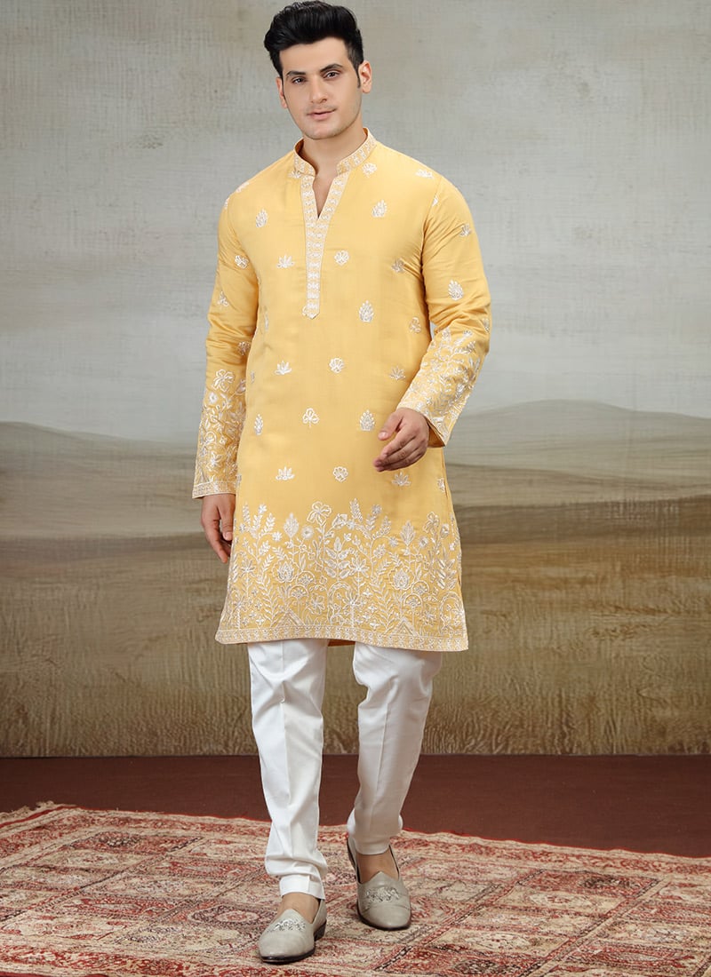 Yellow Silk Embroidered Kurta Pyjama Festive Wear