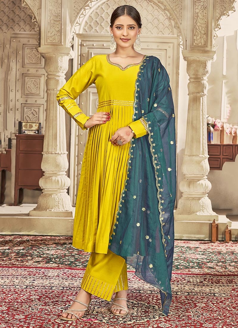 Yellow Silk Embroidered Lace Straight Pant Suit