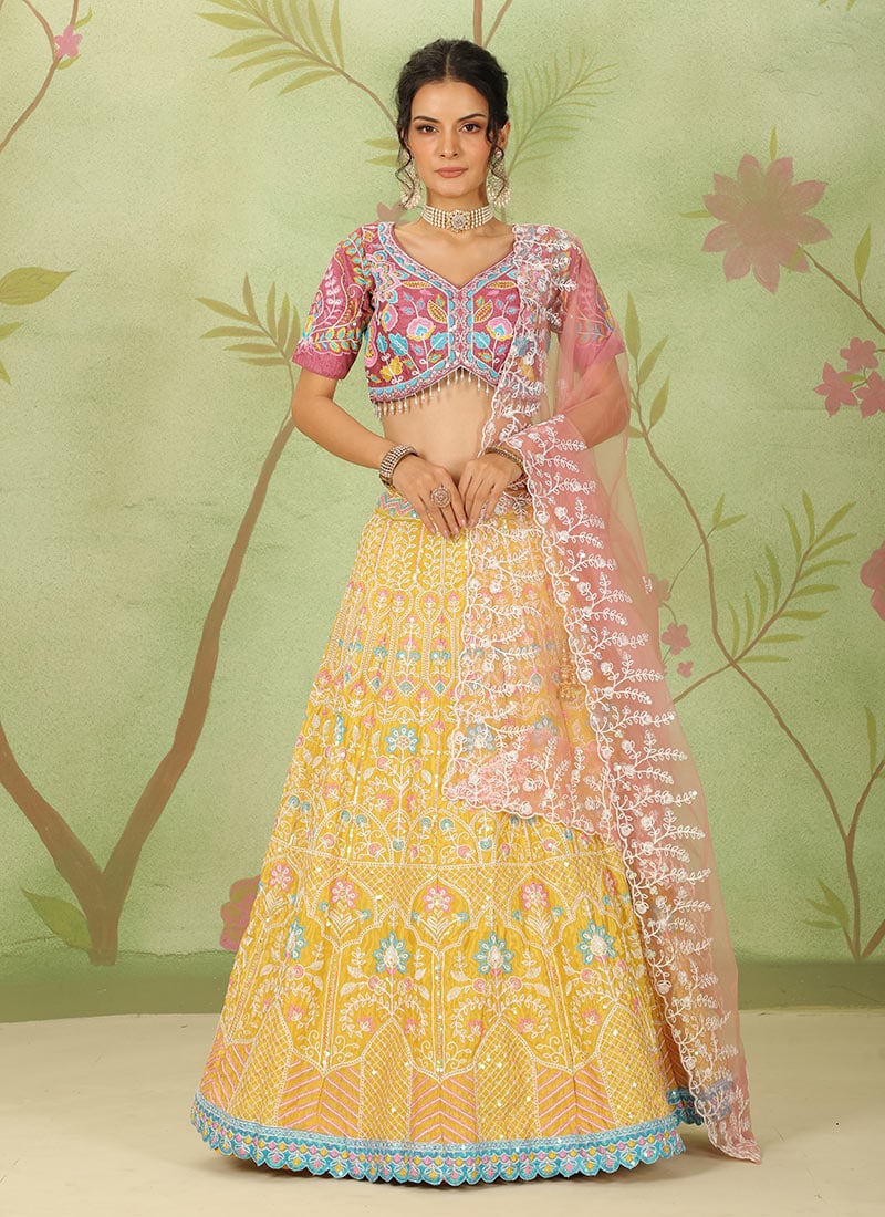 Yellow Silk Embroidered Lehenga Wedding Wear
