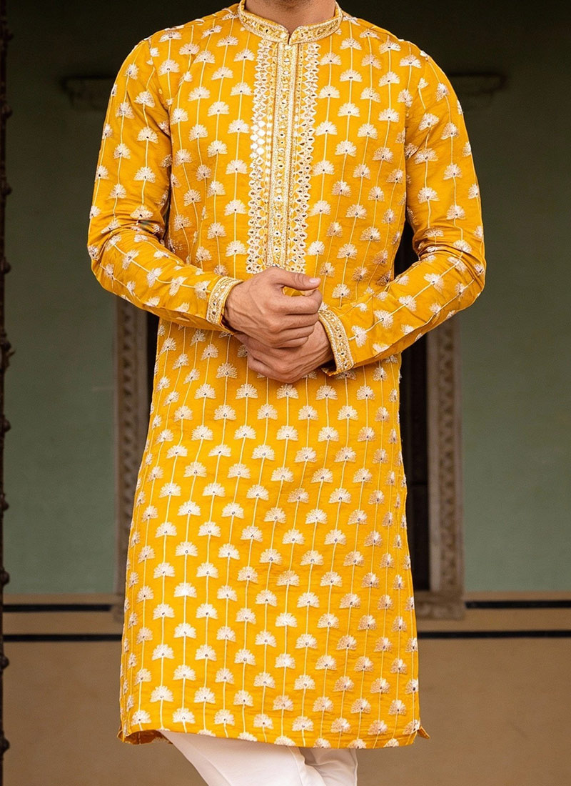 Babyhug Woven Full Sleeves Mirror Embellished Kurta Pyjama Set with Cheveron Print - Pink & Yellow