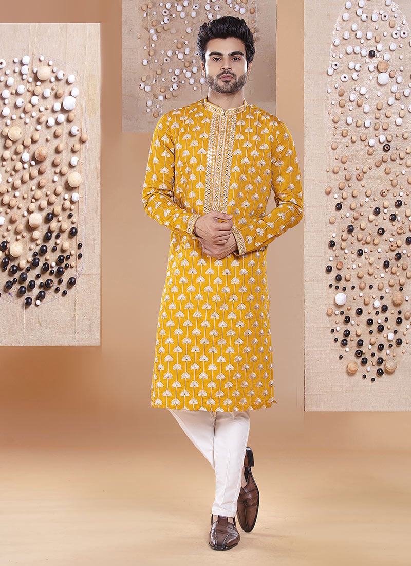 Yellow Silk Embroidered Mirror Work Kurta Pyjama Festive Wear