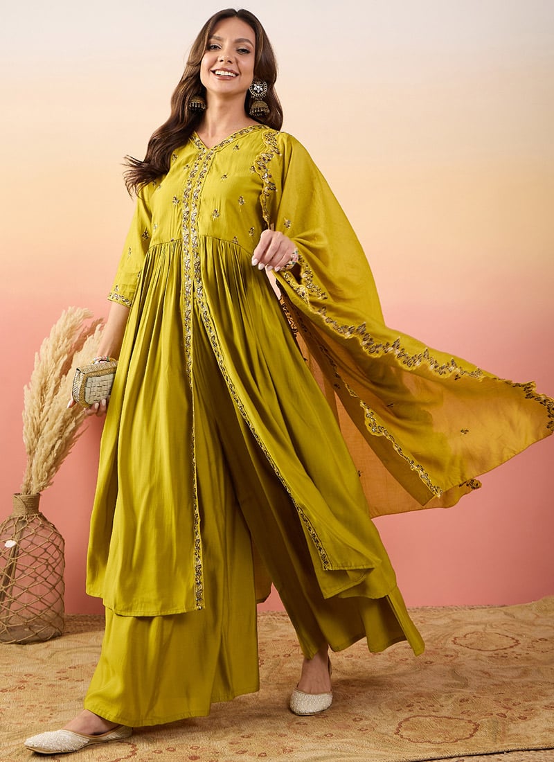 Yellow Silk Embroidered Palazzo Suit Festive Wear