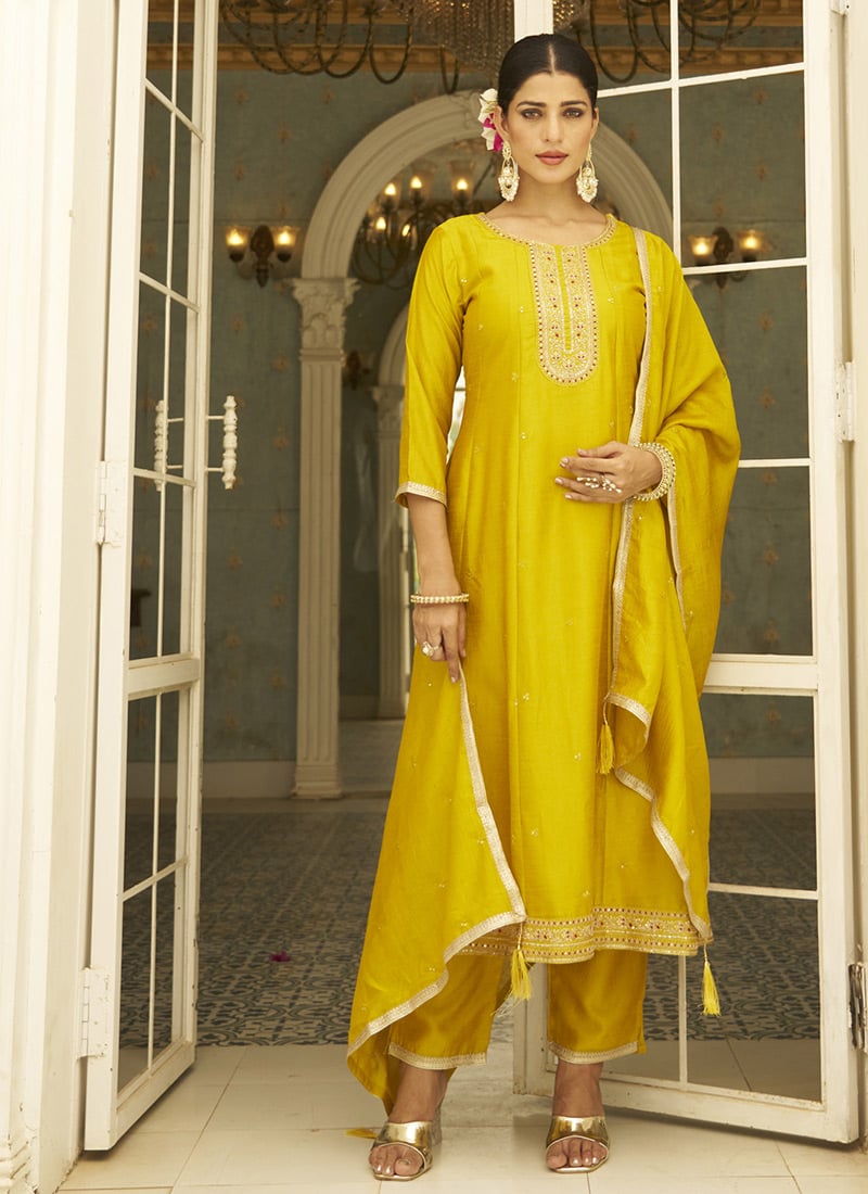 Yellow Silk Embroidered Sequins A Line Straight Pant Suit
