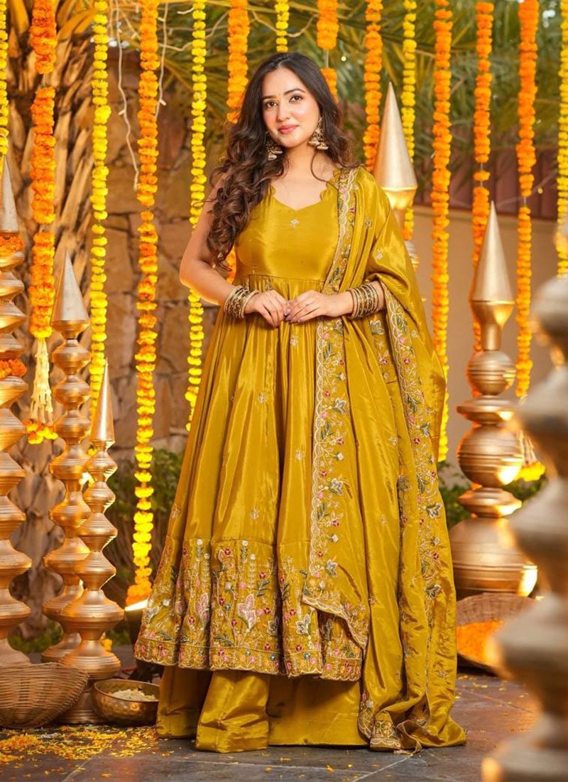Yellow Silk Embroidered Sequins Anarkali Suit Festive Wear