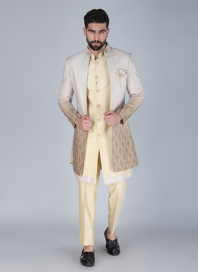 Yellow Silk Embroidered Sequins And Beads Indowestern Sherwani