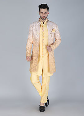 Yellow Silk Embroidered Sequins And Beads Indowestern Sherwani