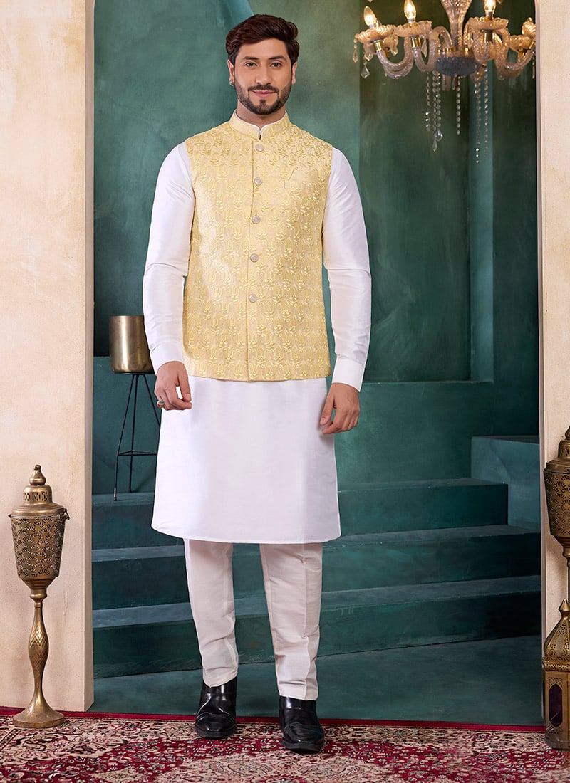 Yellow Silk Embroidered Sequins Bandhgala Jacket