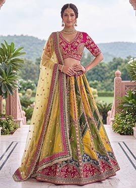 Yellow Silk Embroidered Sequins Beads Stones Zari Resham Lehenga