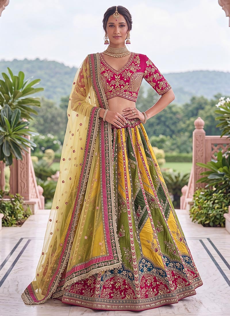 Yellow Silk Embroidered Sequins Beads Stones Zari Resham Lehenga Wedding Wear