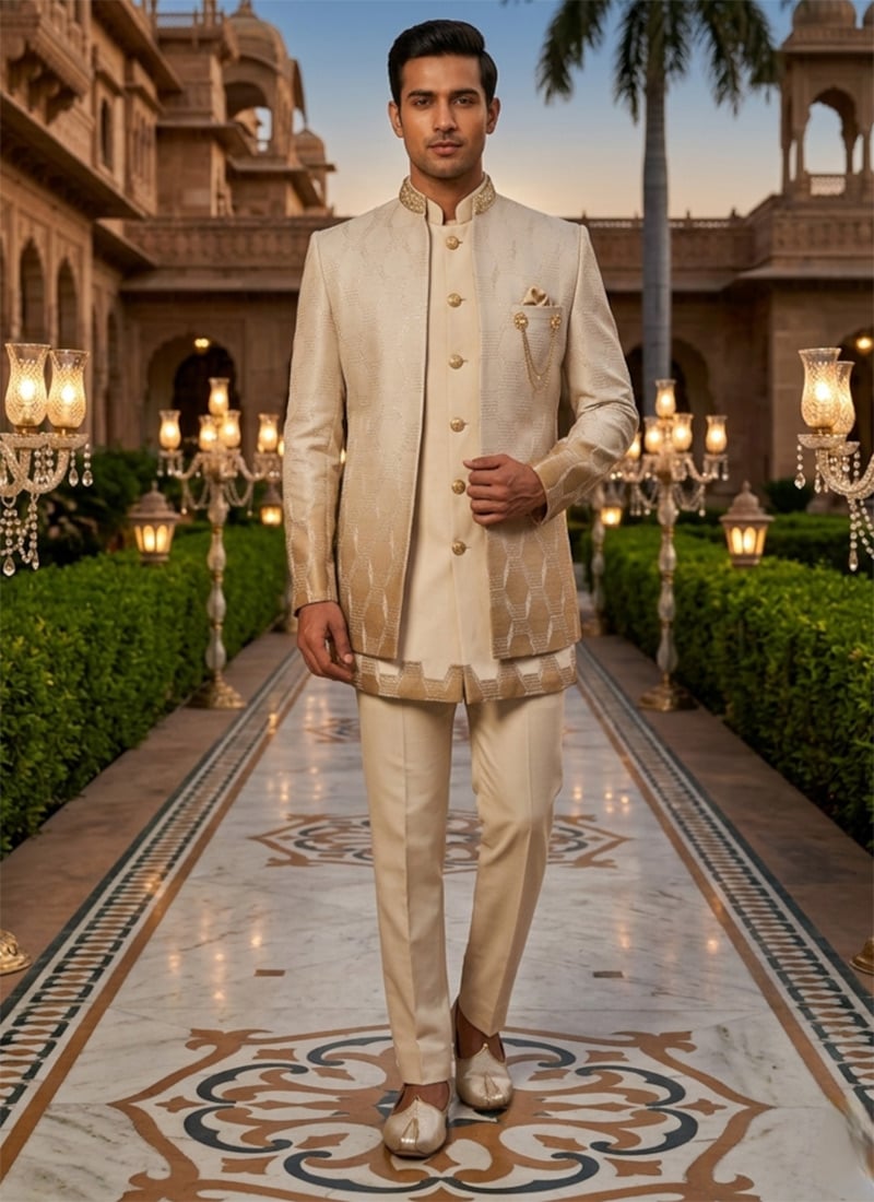 Yellow Silk Embroidered Sequins Indowestern Sherwani  Wedding Wear