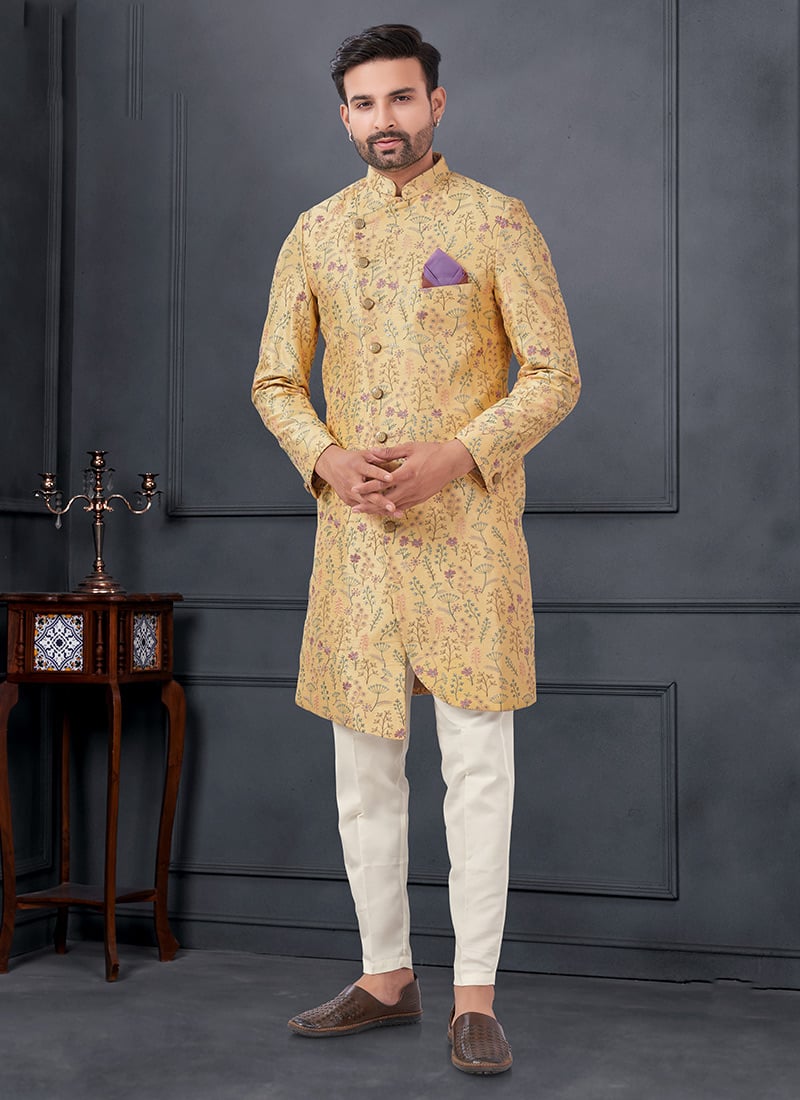 Yellow Silk Embroidered Sequins Indowestern Sherwani  Wedding Wear