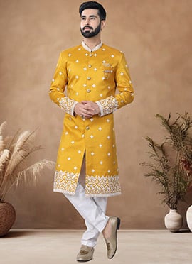 Yellow Silk Embroidered Sequins Indowestern Sherwani