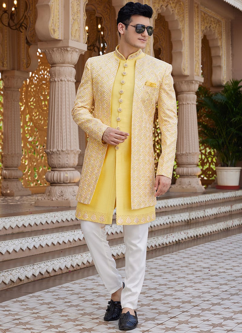 Yellow Silk Embroidered Sequins Indowestern Sherwani Wedding Wear