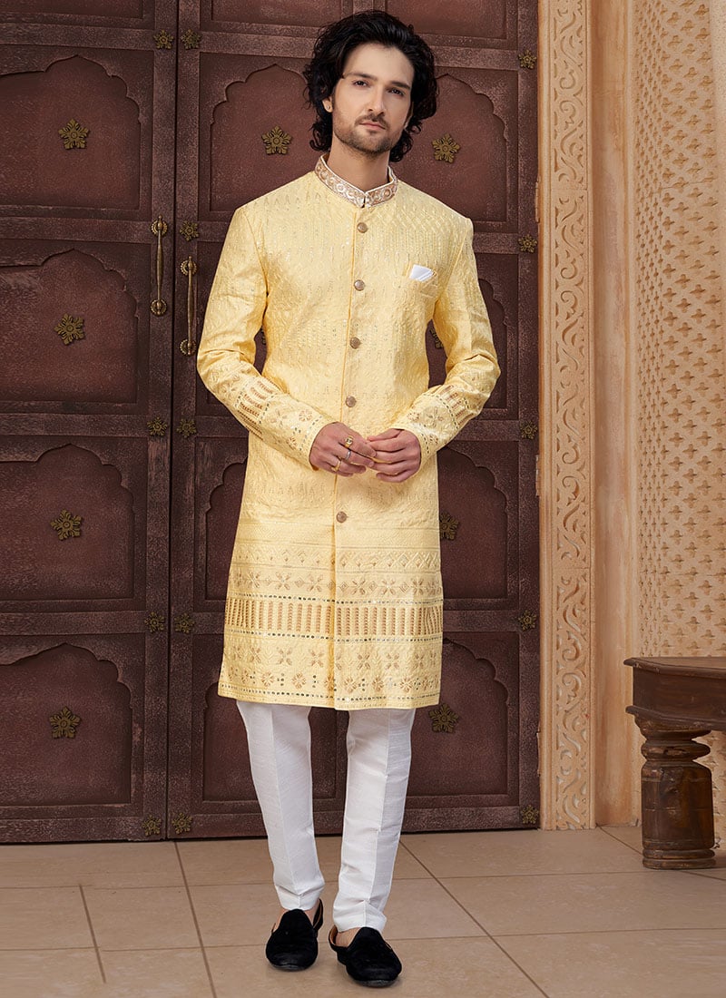 Yellow Silk Embroidered Sequins Indowestern Sherwani Wedding Wear