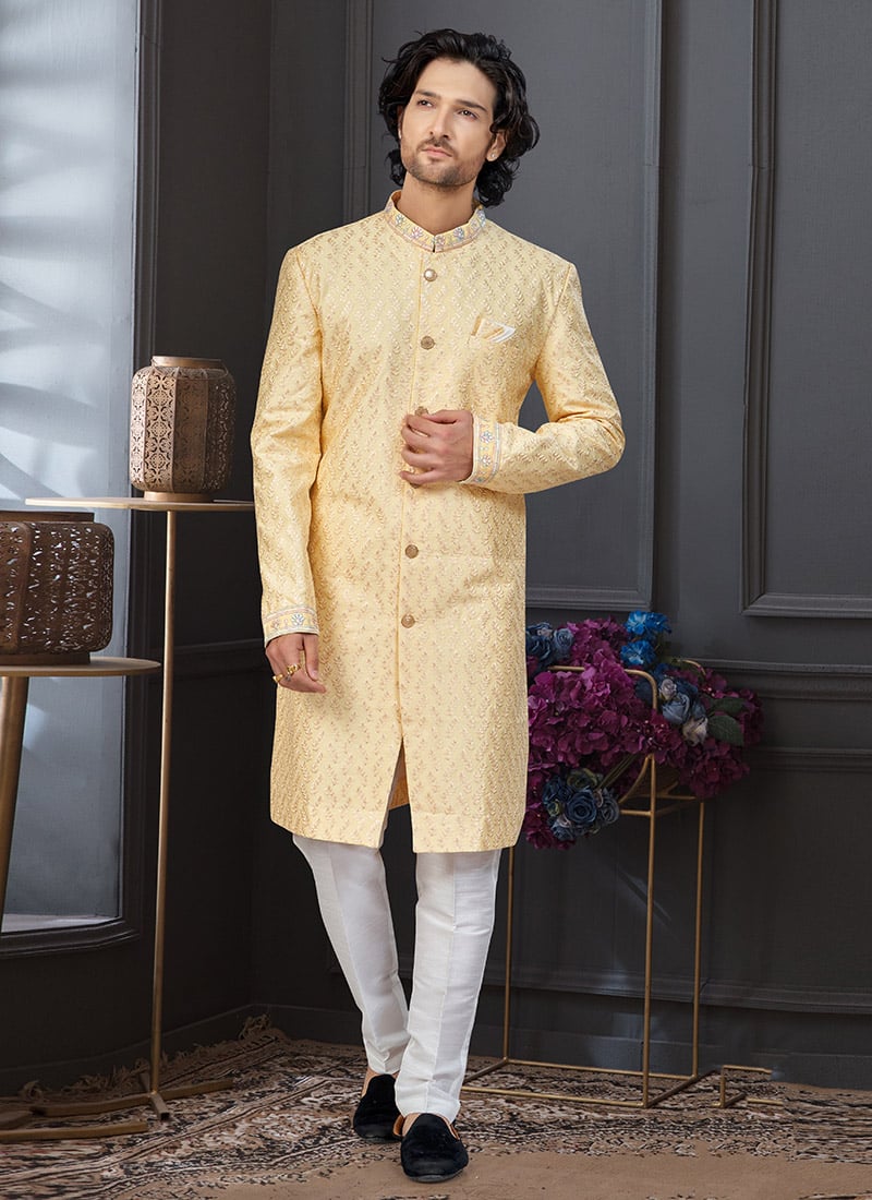 Yellow Silk Embroidered Sequins Indowestern Sherwani Wedding Wear