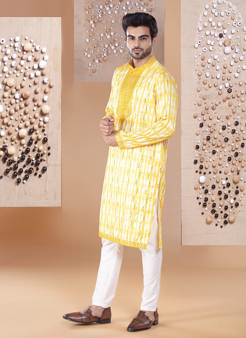 Yellow Silk Embroidered Sequins Kurta Pyjama