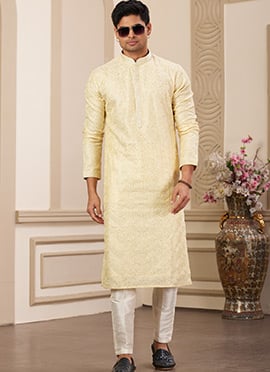 Yellow Silk Embroidered Sequins Kurta Pyjama