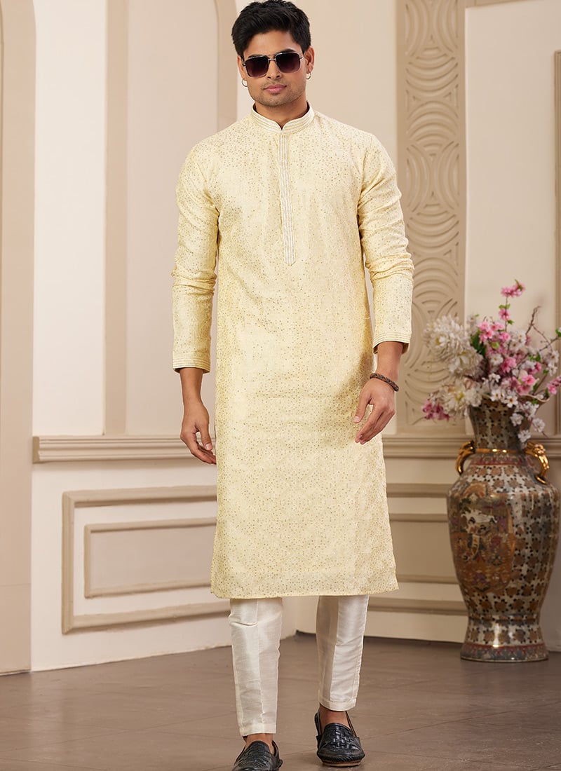 Yellow Silk Embroidered Sequins Kurta Pyjama Festive Wear