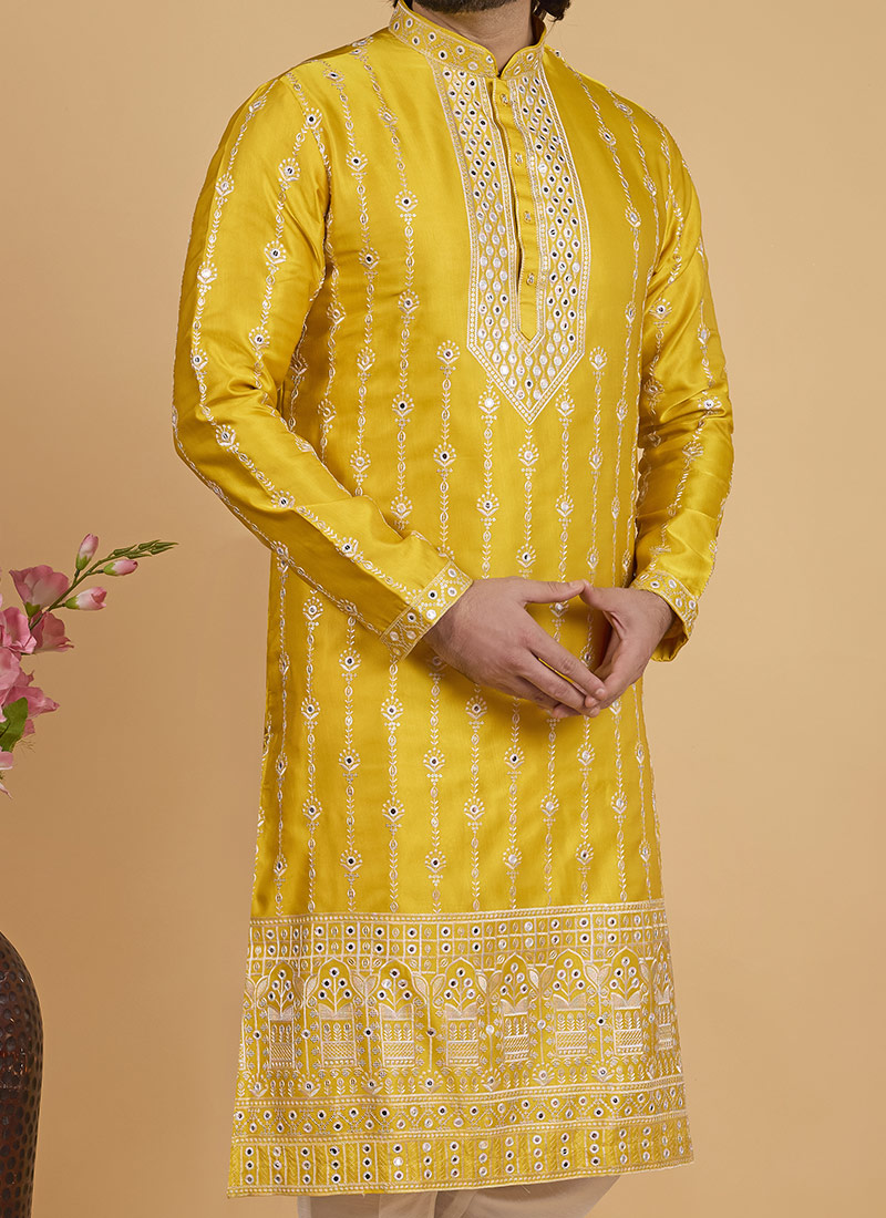 Babyhug Woven Full Sleeves Kurta Pajama Set With Embroidery & Sequin Detailing - Yellow main image 1