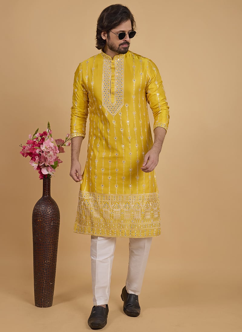 Yellow Silk Embroidered Sequins Kurta Pyjama Festive Wear