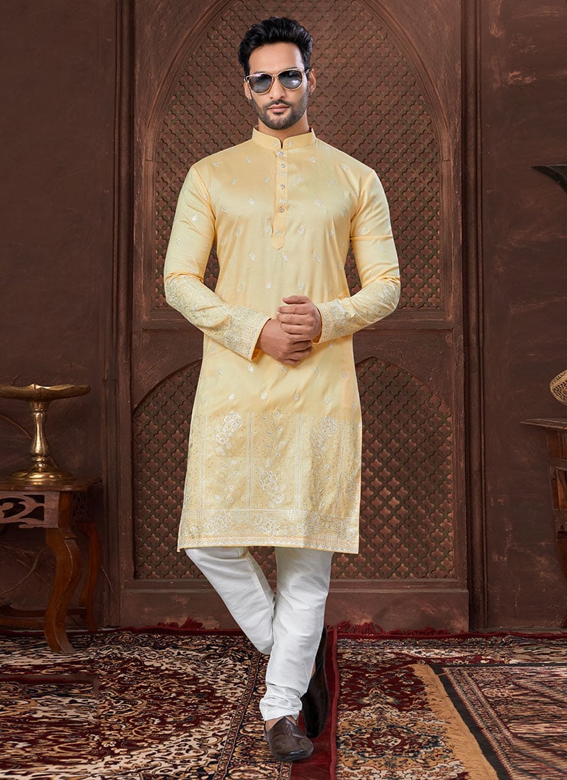 Yellow Silk Embroidered Sequins Kurta Pyjama Festive Wear