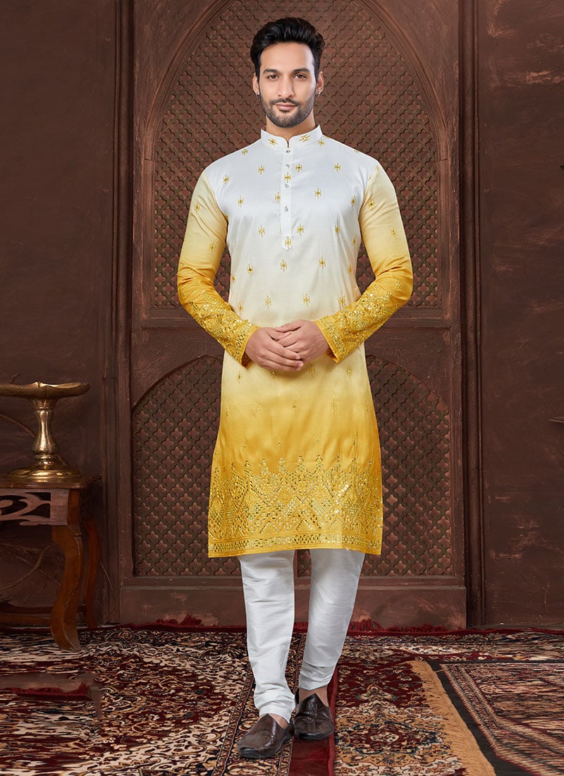Yellow Silk Embroidered Sequins Kurta Pyjama Festive Wear