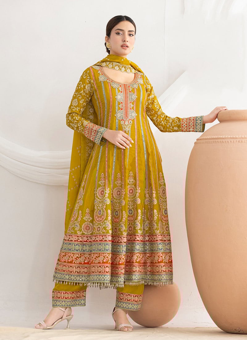 Yellow Silk Embroidered Sequins Mirror Work A Line Anarkali Suit Festive Wear
