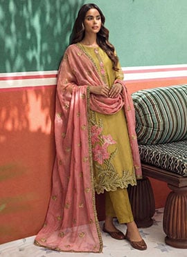 Yellow Silk Embroidered Sequins Pakistani Straight Pant Suit