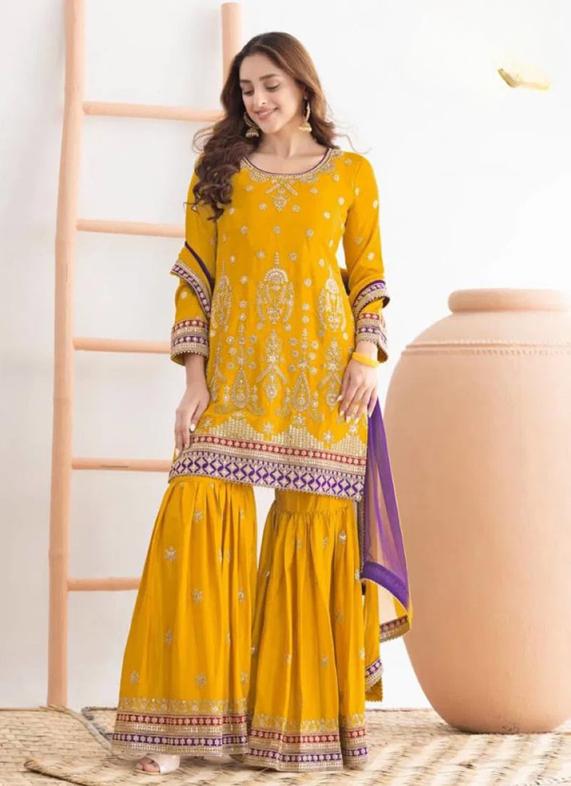 Yellow Silk Embroidered Sequins Sharara Suit Festive Wear