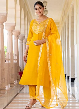 Yellow Silk Embroidered Sequins Straight Pant Suit