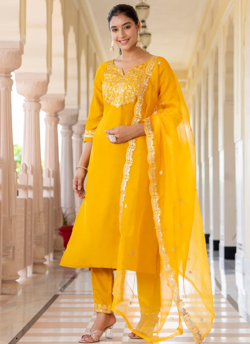 Yellow Silk Embroidered Sequins Straight Pant Suit After Six Wear
