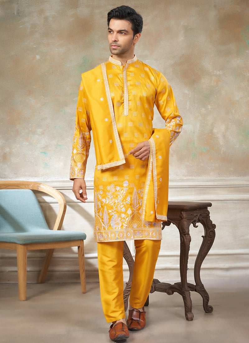 Yellow Silk Embroidered Sequins Traditional Kurta Pyjama With Stole For Men Festive Wear