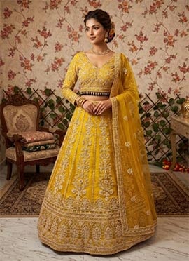 Yellow Silk Embroidered Sequins With Mirror Work Lehenga