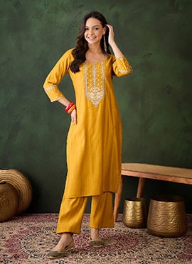 Yellow Silk Embroidered Straight Pant Set