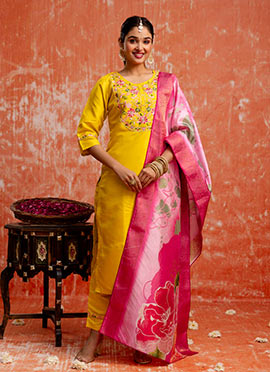 Yellow Silk Embroidered Straight Pant Suit