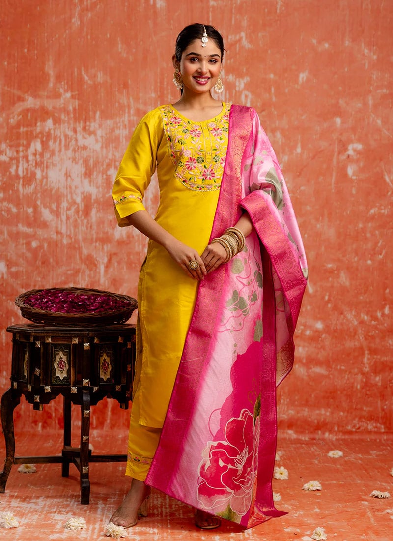 Yellow Silk Embroidered Straight Pant Suit Festive Wear