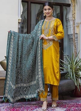Yellow Silk Embroidered Straight Pant Suit With Bandhini Print Dupatta