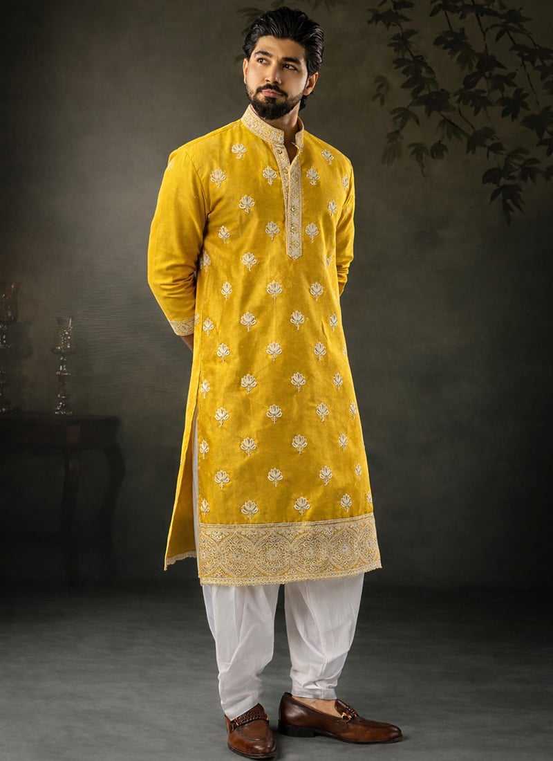 Yellow Silk Embroidered Thread Kurta Pyjama Festive Wear